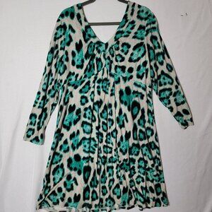 INC International Concepts Midi Dress Womens Sz 2X Long Sleeve Teal Black White